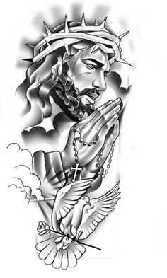 a black and white drawing of jesus holding the cross