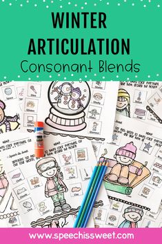 the winter articulation coloring book is shown with pencils and markers