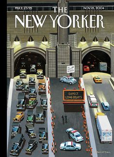 an image of the new yorker magazine cover with cars and trucks driving through it