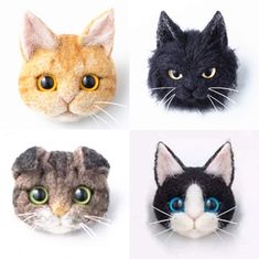 four different types of cats made out of felt with eyes on each cat's head