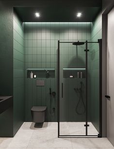 a green tiled bathroom with a toilet, shower and stand - up shower in it