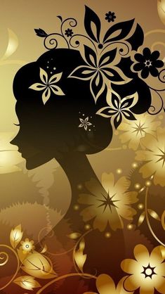 the silhouette of a woman with flowers in her hair, against a gold background that has swirls and leaves on it