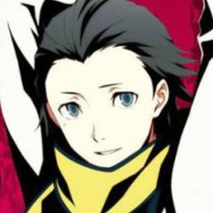 an anime character with black hair and blue eyes, wearing a yellow scarf around his neck