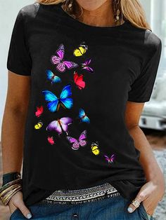 Printed Casual Cotton-blend Short Sleeve T-shirt Graphic Butterfly, Round Neck Tops, Basic Tops, Butterfly Print, Floral Shirt, Print Tops, Jdm, Fashion Prints, Tshirt Print