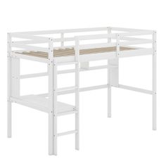 the loft bed is white and has two ladders on each side, which are attached to