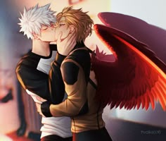 two anime characters kissing each other in front of a wall with an angel wing on it