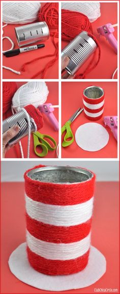 red and white striped yarn is being used to make a hat