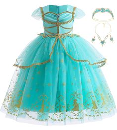 PRICES MAY VARY. CLASSIC PRINCESS DRESS -- Complete gorgeous Jasmine costume for girls includes a dress, a headwear, a necklace and a pair of earrings, which will make your little girl into princess Jasmine herself. HIGH QUALITY MATERIAL -- Stunning Arabian Princess style costume. Made from non-itchy, high quality and comfortable satin, tulle and cotton lining. Smooth and soft material fits for child’s sensitive skin. Blue dress with golden lace decorated on the chest and shoulder, skirt has fou Princess Jasmine Dress, Halloween Crop Top, Halloween Skirt, Disney Jasmine, Jasmine Dress, White Jasmine, Girl Princess Dress, Princess Jasmine