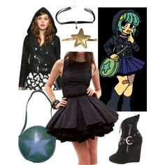 a woman is dressed up as a punk girl and holding a green ball, black purse, and star necklace