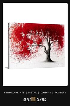 a red tree with white background is featured in the image, and it appears to be an acrylic painting