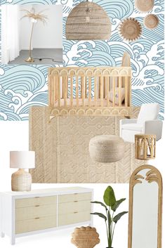 a baby's room with blue and white wallpaper, wicker crib, rattan chair, lamp, dresser, mirror, rug