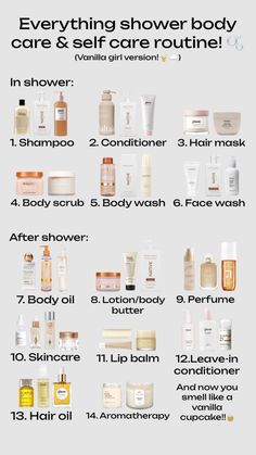 #vanilla #vanillagirl #vanillagirlaesthetic #everythingshower #shower #showerroutine #selfcare #selfcareroutine #fyp #skincare Bare Vanilla Shower Routine, Vanilla Everything Shower Routine, Glow Up Shower Routine, Shower Products List, Shower And Skincare Routine, Clean Girl Shower Products, All Shower Routine, Vanilla Beauty Products, Aesthetic Self Care Products