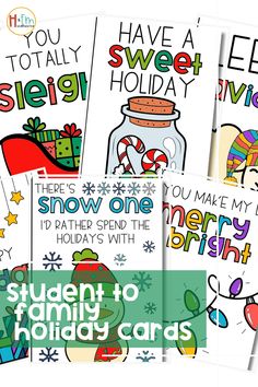 four christmas cards with the words, student to family holiday cards and an image of santa clause