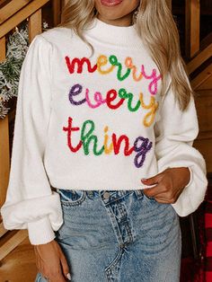 Women's White Colorful Tinsel Merry Every Thing Graphic High Neck Sweater White Casual  Long Sleeve Knitted Fabric Colorblock,Letter,Slogan Pullovers High Stretch Fall/Winter Women Clothing, size features are:Bust: ,Length: ,Sleeve Length: Merry Everything, Cozy Accessories, High Neck Sweater, Sweater White, Every Thing, Inspiration Mode, Sweater Blouse, White Casual, Cardigan Jacket