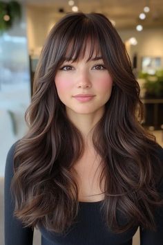 Woman with long wavy brown hair and bangs, wearing a black top, standing indoors. Dark Brunette Hair Curtain Bangs, Curtain Bangs Long Hair Asian Round Face, Curtain Bangs Long Thick Hair, Medium Cut With Curtain Bangs, Trendy Haircuts For Long Hair Bangs, Medium Length Hair Curtain Bangs, Modern Bangs, Versatile Bangs, Subtle Bangs