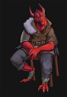 a red demon sitting on top of a chair with his arms crossed and legs crossed