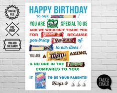 a happy birthday card with candy bars on it