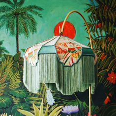 an umbrella with fringes is in the middle of a tropical scene, painted on a green wall