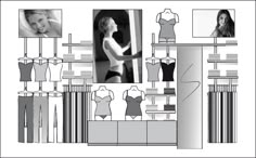 a woman's body is shown in this black and white fashion collage, with images of dresses on mannequins