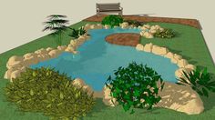 an artist's rendering of a small pond and bench