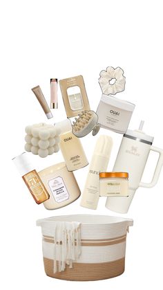 an assortment of beauty products in a basket