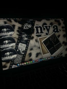 a laptop computer sitting on top of a desk covered in pictures and text that reads nya