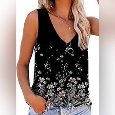 Black Floral V Neck Tank Tops For Women Size Xxl Occasion: It's Perfect For Hot Summer Days Or To Wear During Your Workout. It Looks Great With Leggings, Shorts, Or Jeans. Toss On A Sweater Or Jacket On A Chilly Day And You Are Set To Go! Black Floral Print Tank Top For Spring, Black Floral Print Tank Top For Summer, Casual Black V-neck Tank Top, Black Floral Print Tank Top For Vacation, Black V-neck Tank Top For Spring, Casual Black Tank Top For Vacation, Black V-neck Top For Vacation, Leggings Shorts, V Neck Tank Top