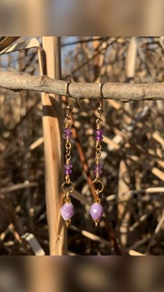 Handmade dangle earrings. Purple gemstones earrings. Support local artist. #handmadejewellery #dangleearrings #dropearrings #handmadeearrings #gemstonejewelry Gold Gemstone Bead Drop Earrings, Gold Drop Earrings With Gemstone Beads, Gold Spiritual Earrings With Gemstone Beads, Gold Amethyst Wire Wrapped Jewelry, Gold Dangle Earrings With Gemstone Beads, Gold Amethyst Dainty Earrings, Everyday Amethyst Dangle Jewelry, Dainty Gold Amethyst Earrings, Amethyst Gemstone Beads Dangle Jewelry