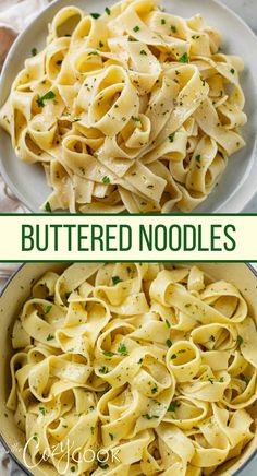 two pictures showing different types of buttered noodles