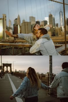 two people walking across a bridge with the city in the background and one person holding hands