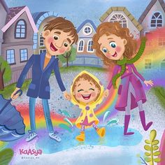 an image of a family playing in the rain with rainbows and houses behind them