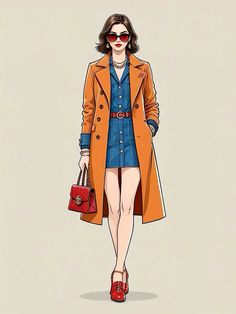 a woman in an orange coat and red shoes