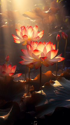 three water lilies in the sunlight on top of lily pads