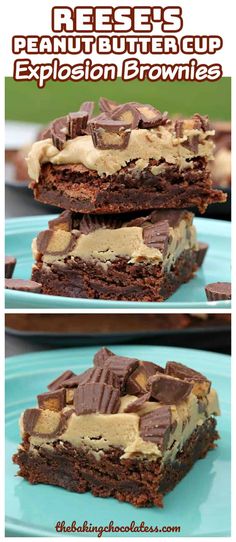 reese's peanut butter cup explosion brownies on a blue plate with the title