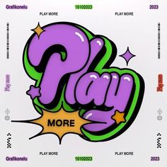 the logo for play more is shown in purple and green