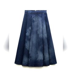 Zara Denim Laser Print Pleated Midi Skirt...Size Medium...Bloggers Favorite Chic Blue Relaxed Fit Denim Skirt, Chic Blue Denim Skirt With Relaxed Fit, Blue Denim Relaxed Fit Skirt, Spring Blue Washed Skirt, Spring Indigo Denim Skirt, Zara Blue Denim Skirt For Spring, Blue Denim Midi Skirt, Blue Zara Denim Skirt For Spring, Chic Zara Denim Skirt With Pockets