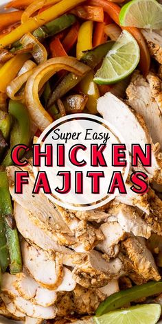 chicken fajitas with peppers, green beans and carrots on a white plate