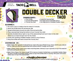 the taco bell double decker taco recipe is shown in purple and yellow colors