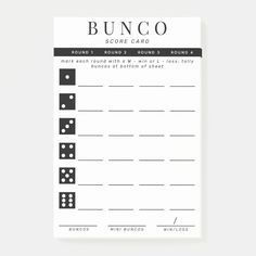 a printable bunco score card with black and white dices on the side