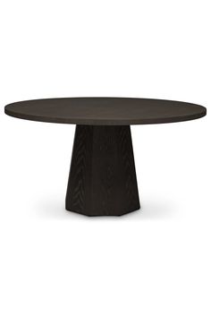 an oval wooden table with a black base