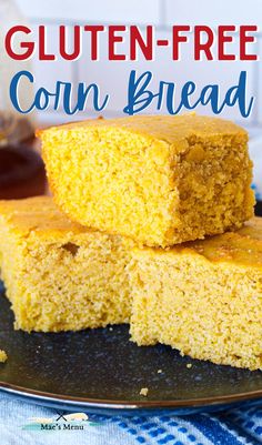 gluten - free corn bread is stacked on top of each other with text overlay