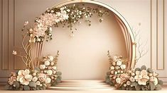 an arch decorated with flowers and greenery on a stage set for a wedding ceremony