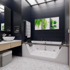 a bathroom with two sinks and a large bathtub in the middle of the room