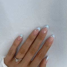 Nail Ideas June, Nail Inspo Coastal Granddaughter, Coastal Nails Almond, Costal Nail Designs, Almond Nail Blue French Tip, Summer Nails 2024 French Tip Blue, Almond Nails Designs Summer, Teen Nails, Almond Nails Designs