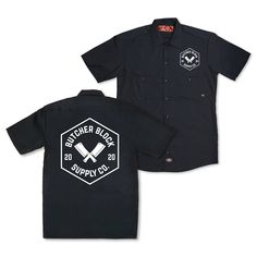 Butcher Block Supply Co Logo Shop Shirt Black Front And Back Work Shirt Outfit, Dickies Work Shirt, Block Logo, Art Outfit, Flat Bill Hats, Photo To Cartoon, Work Shirt, Butcher Block, Work Shirts