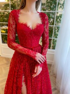 Teuta Matoshi, Special Occasion Gowns, Bridal Jumpsuit, Looks Party, فستان سهرة, Lace Neckline, Long Prom Dress, Red Lace, Evening Dresses Prom