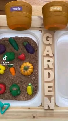 two plastic trays filled with different types of garden plants and letters that spell out the word garden