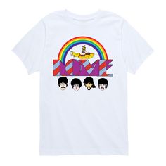 a white t - shirt with the beatles on it that says love in rainbows