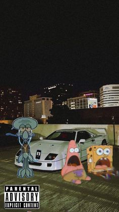 two cartoon characters standing next to each other in front of a car and some buildings