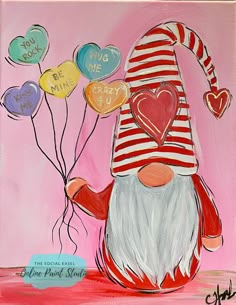 a painting of a gnome holding some balloons